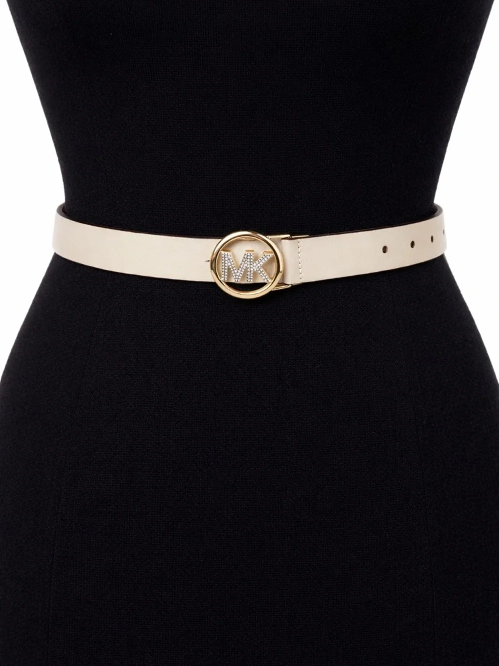 Michael Kors Cream Leather Belt with Gold MK Logo Buckle